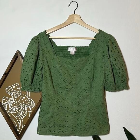Rachel Parcell Puff Sleeve Green Eyelet Top - Picture 1 of 7